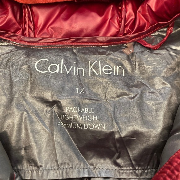 Calvin Klein Puffer Down Jacket Hooded Red Womens 1X Plus Shiny Zip Pockets - Picture 4 of 10